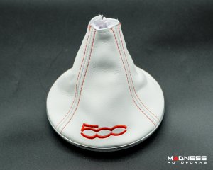 FIAT 500 Gear Shift Boot + Retaining Ring Set- White EcoLeather w/ Red Stitching + 500 Logo